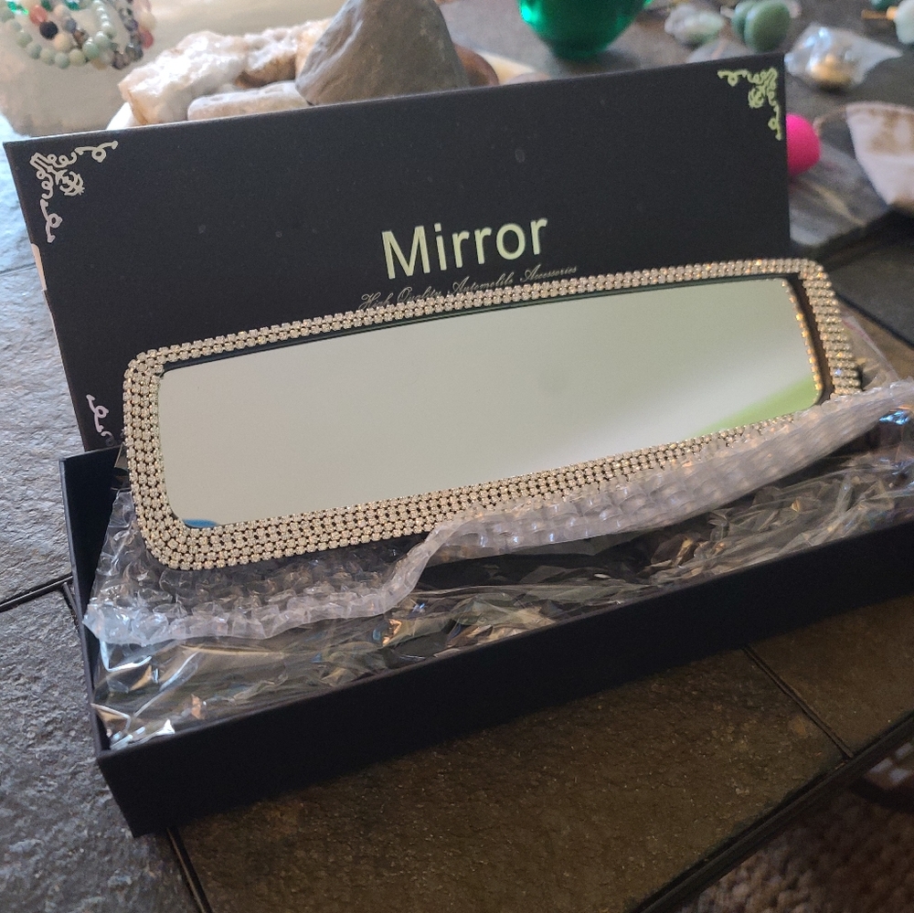Bling rearview mirror, white crystals